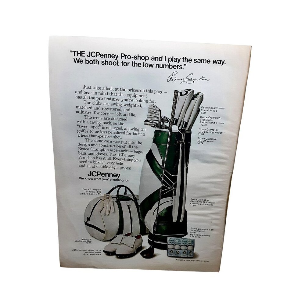 Vintage 1973 JCPenney Golf Print Ad Bruce Crampton Equipment Bag Clubs